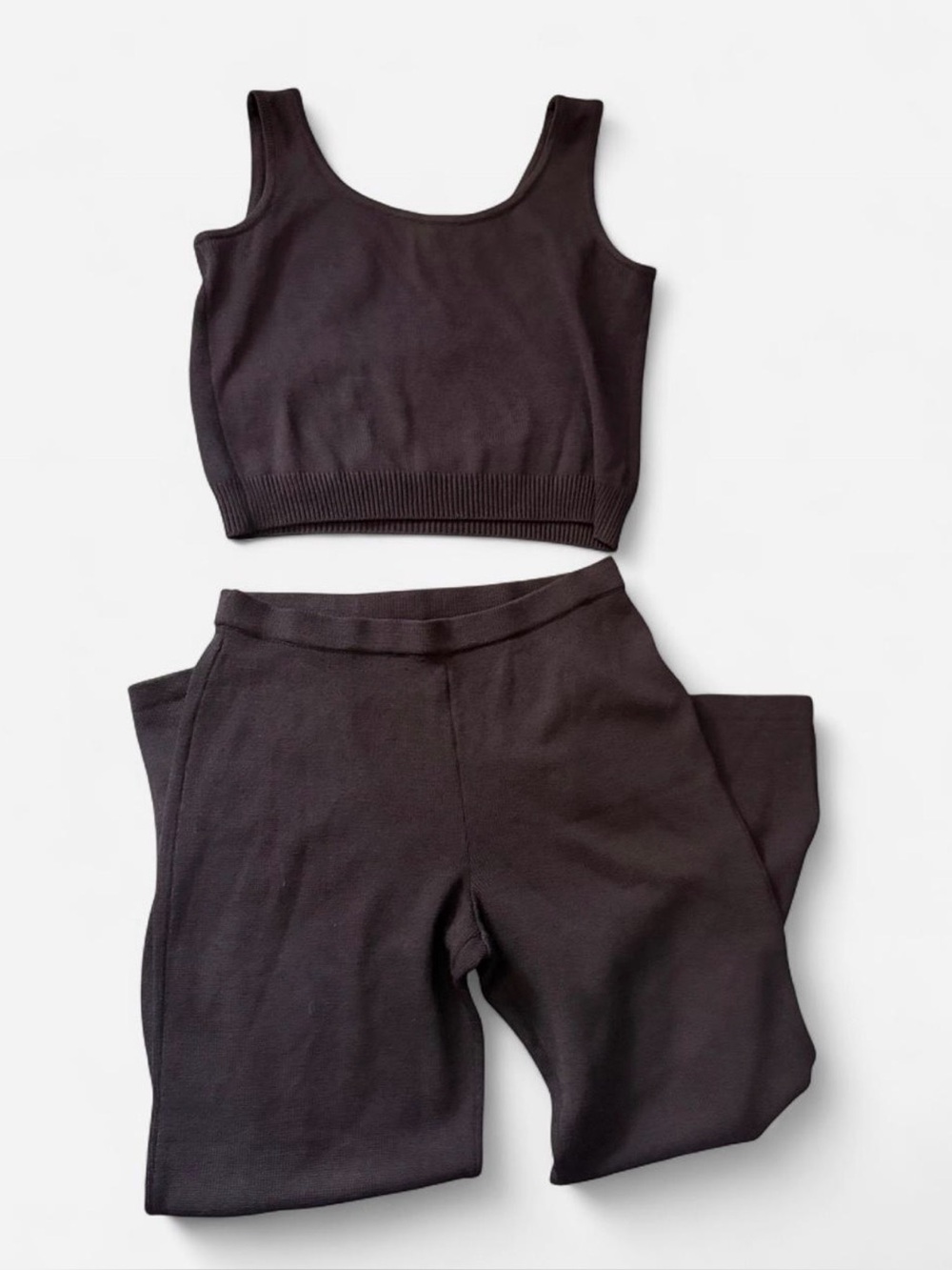 2 Piece Women's Black Textured Knit Crop Tank and High-Waist Pants Set